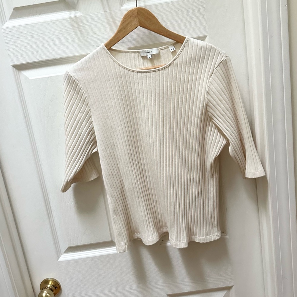 Vince Cream White Ribbed Short Sleeve Crew Top CL - Picture 2 of 7